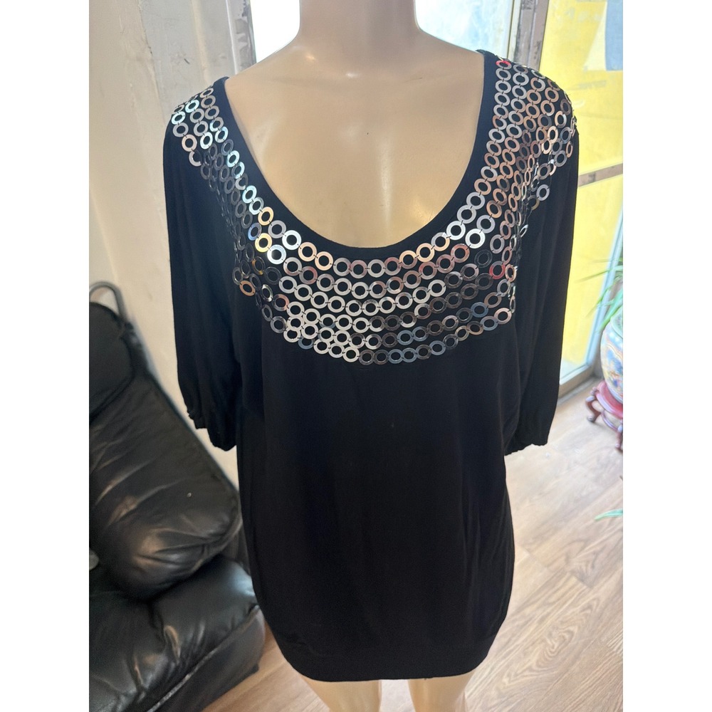 Black Scoop Neck Tunic Top with Metallic Ring Embellishment and Strappy Back